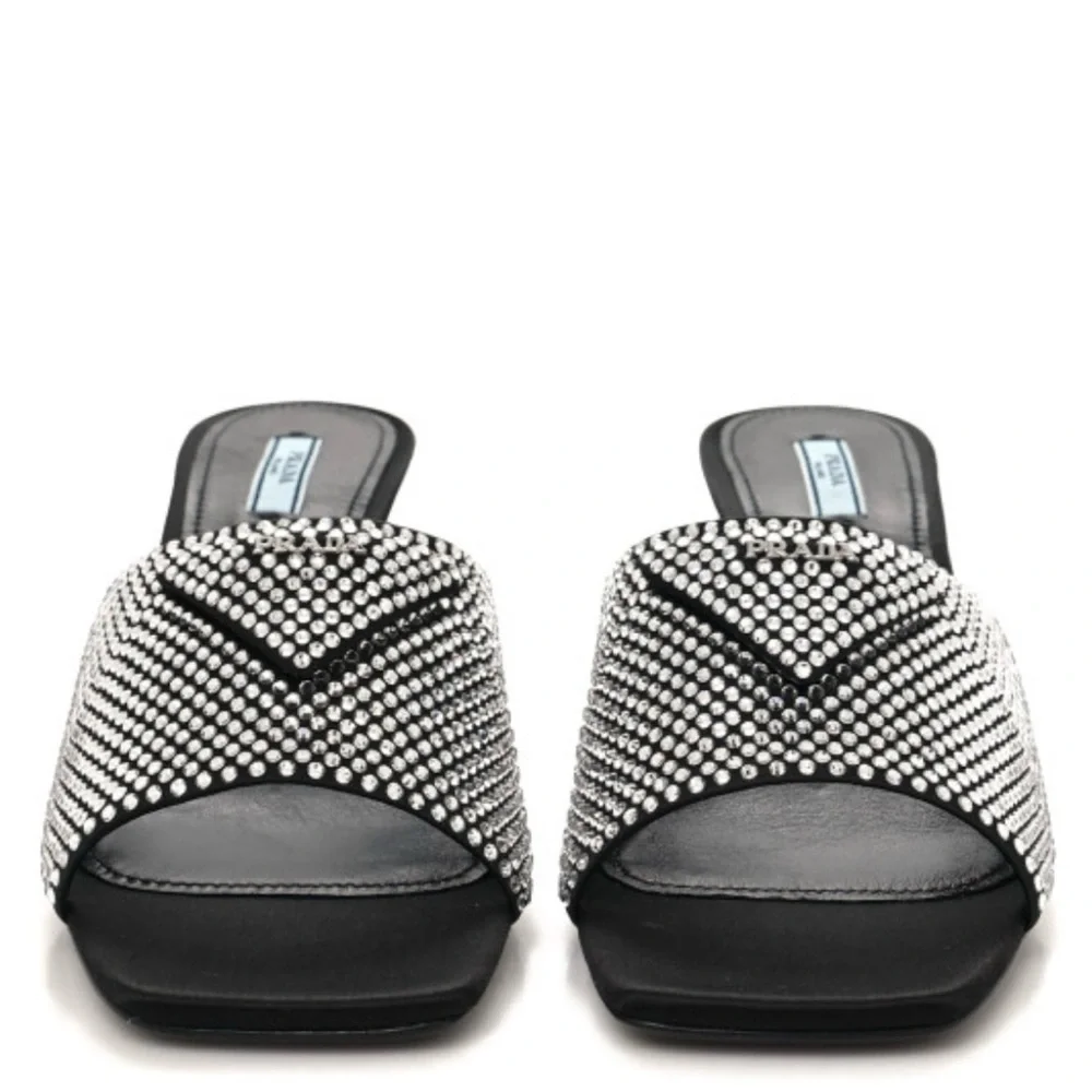 Prada - Satin Crystal Logo 65 mm Slide Sandal- Color: Black- Size: 37.5 - Picture 2 of 11